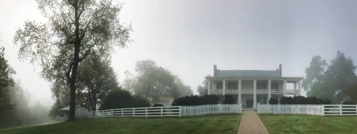 Carnton today in Franklin, Tennessee, in a misty landscape.