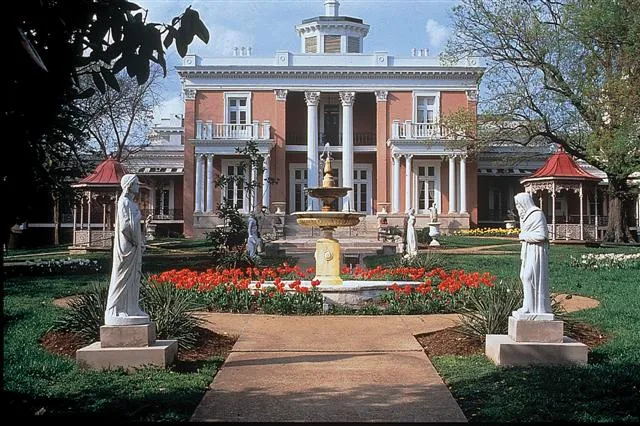 Belmont Mansion as it stands today with its fountain, statues, and formal gardens in front of the house.