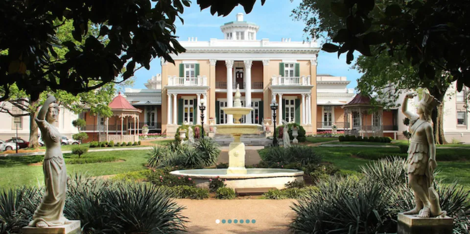 Belmont Mansion framed by gardens and statuary in present day Nashville.