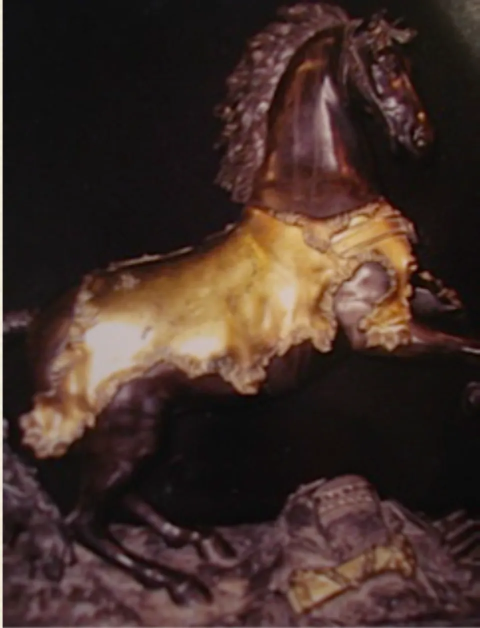 Small bronze statue of Bucephalus displayed inside the study at Belmont Mansion.