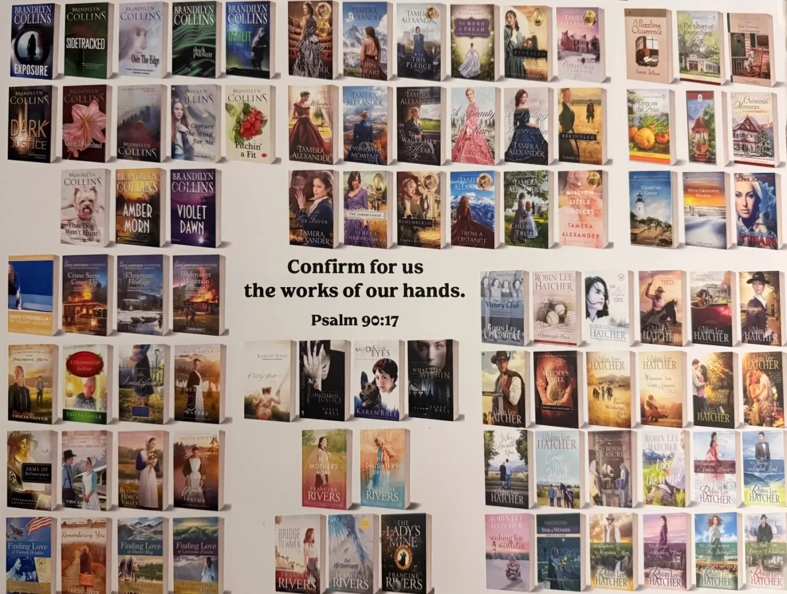 A collage of all the books plotted together by the Coeur d'Alene Ladies through the years, with Psalm 90:17—'Confirm for us the works of our hands.'