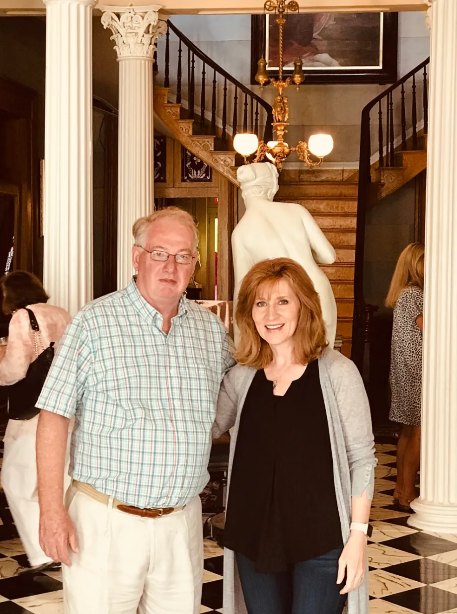 Tamera Alexander with Jerry Trescott inside Belmont Mansion's front hall.