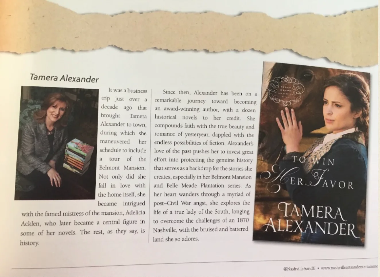 Feature article on Tamera Alexander with To Win Her Favor book cover