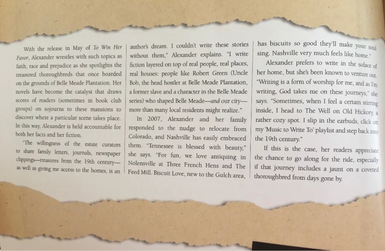 Continuation of the Nashville Arts & Entertainment feature on Tamera Alexander