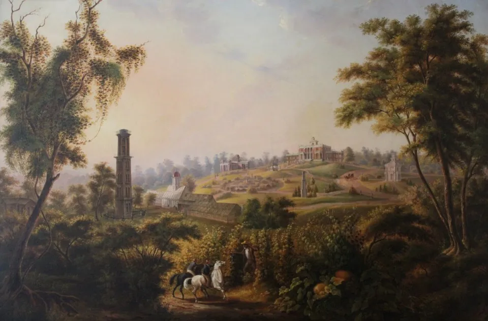 Painting of Belmont Mansion in the 1860s showing the hilltop villa, water tower, conservatory, gardens, gazebos, and surrounding landscape.