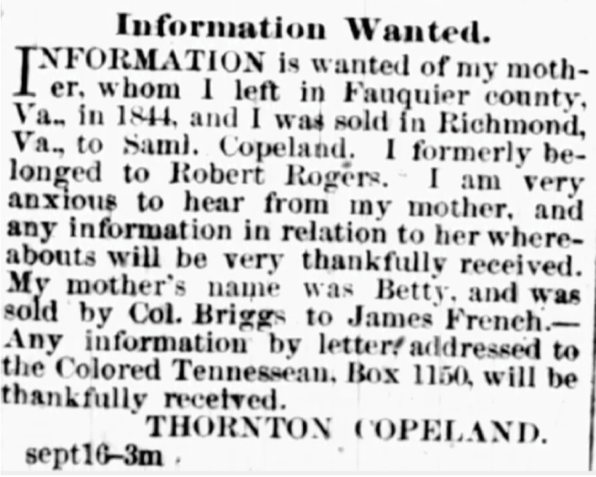 Reunion ad from The Colored Tennessean newspaper