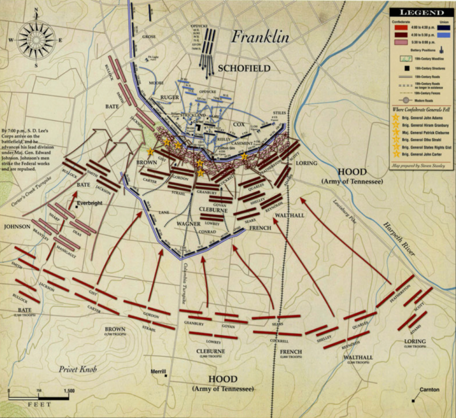 Battle of Franklin battlefield map showing troop positions and where Confederate generals fell