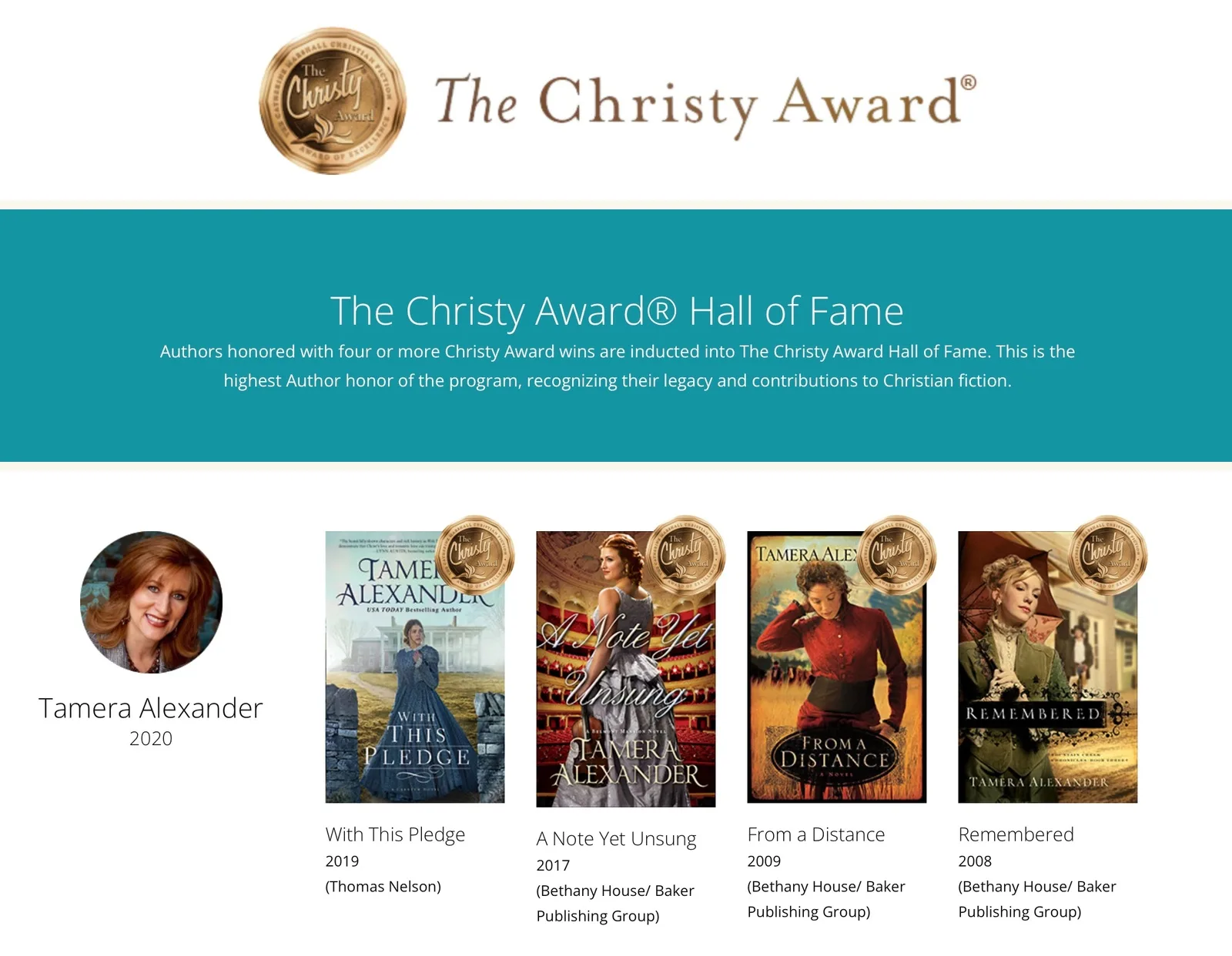 Tamera Alexander featured on The Christy Award Hall of Fame, Class of 2020, with her four Christy Award-winning novels