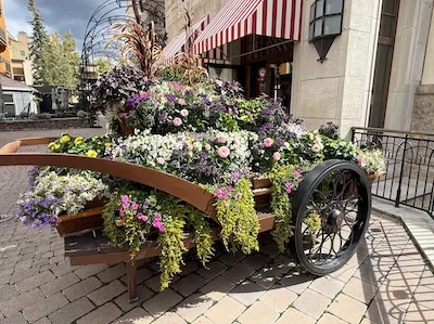 A flower cart in Breckenridge, Colorado filled with colorful blooms.
